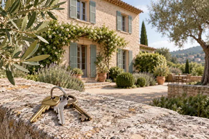 Clés devant une maison provençale, illustration d’un bien immobilier détenu à plusieurs.